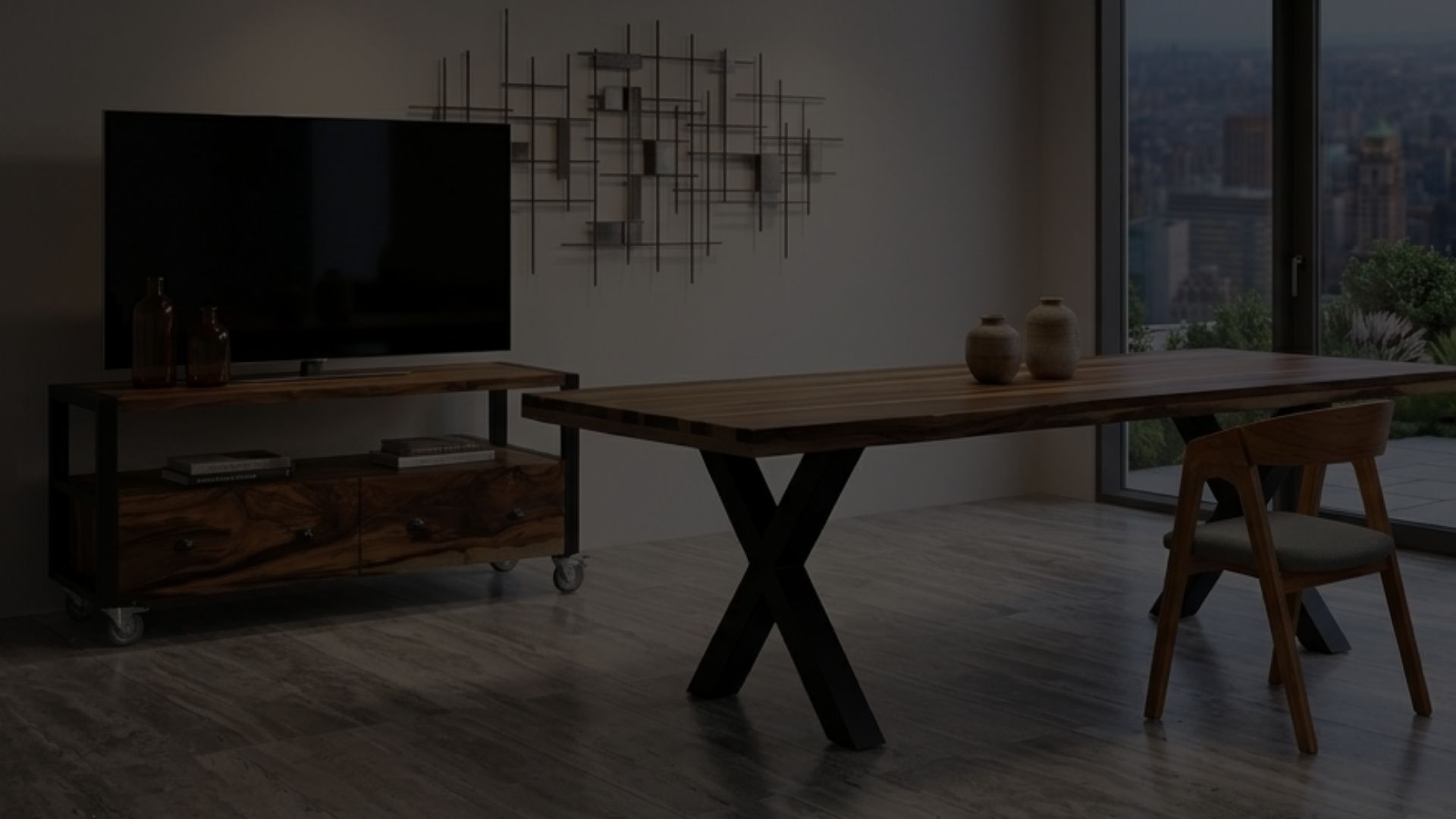Rack de TV de madera con cajones y mesa de comedor con patas de hierro en X, en un departamento moderno Rack de TV de madera con cajones y mesa de comedor con patas de hierro en X, en un departamento moderno